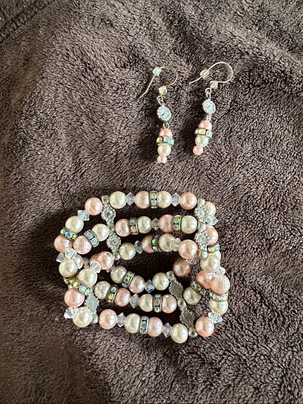 Handmade Pink and Pearl Beaded Bracelet & Earring Set
